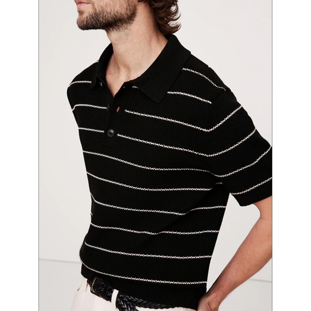 Banana Republic Mens Knit Polo‎ Shirt Black White Striped Short Sleeve Large L